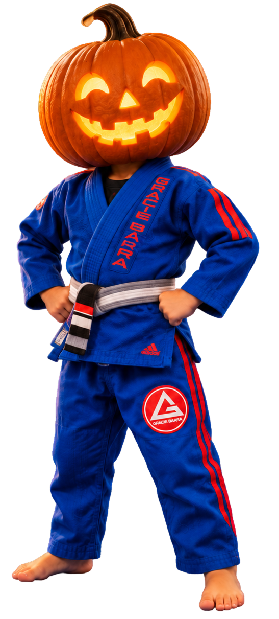 Halloween character wearing a blue Gracie Barra gi with a glowing pumpkin head